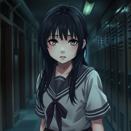 A young Japanese schoolgirl in a horror-themed setting, wearing a traditional school uniform with a haunting expression