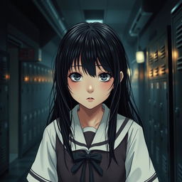 A young Japanese schoolgirl in a horror-themed setting, wearing a traditional school uniform with a haunting expression