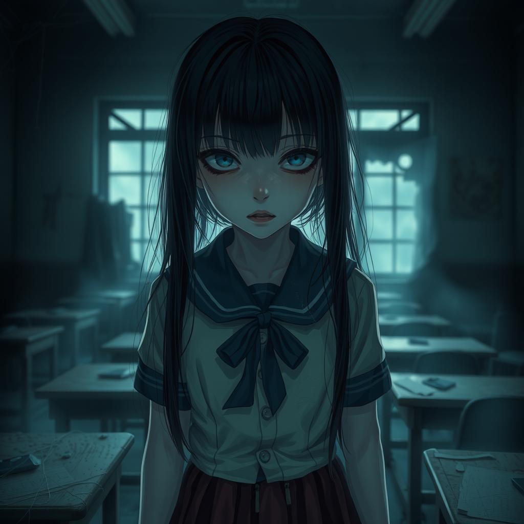 A terrifying young Japanese schoolgirl with an unsettling appearance, dressed in a traditional school uniform with a tattered skirt and a disheveled blouse