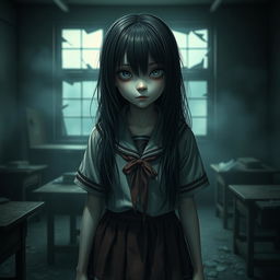 A terrifying young Japanese schoolgirl with an unsettling appearance, dressed in a traditional school uniform with a tattered skirt and a disheveled blouse