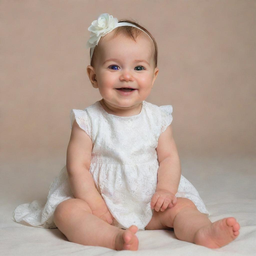 A charming baby dressed in a cream-white dress, positioned comfortably while sitting, and facing the right, showcasing a heartwarming, innocent smile.