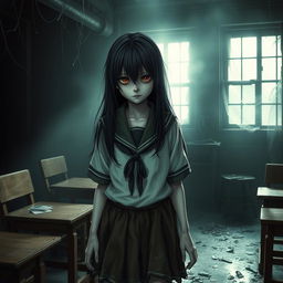 A terrifying young Japanese schoolgirl with an unsettling appearance, dressed in a traditional school uniform with a tattered skirt and a disheveled blouse