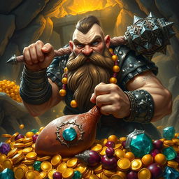 A robust dwarf barbarian exuding strength and ferocity, gripping a massive spiked flail with both hands