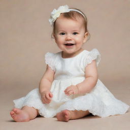 A charming baby dressed in a cream-white dress, positioned comfortably while sitting, and facing the right, showcasing a heartwarming, innocent smile.