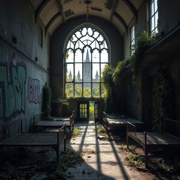 A hauntingly beautiful abandoned psychiatric hospital, featuring crumbling walls covered in vibrant graffiti, broken windows, and overgrown vegetation encroaching on the structure