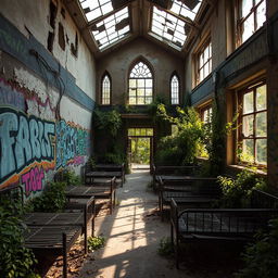 A hauntingly beautiful abandoned psychiatric hospital, featuring crumbling walls covered in vibrant graffiti, broken windows, and overgrown vegetation encroaching on the structure