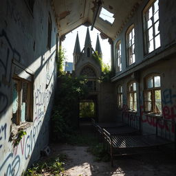 A hauntingly beautiful abandoned psychiatric hospital, featuring crumbling walls covered in vibrant graffiti, broken windows, and overgrown vegetation encroaching on the structure