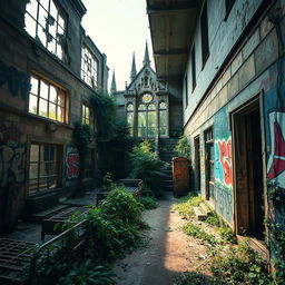 A hauntingly beautiful abandoned psychiatric hospital, featuring crumbling walls covered in vibrant graffiti, broken windows, and overgrown vegetation encroaching on the structure