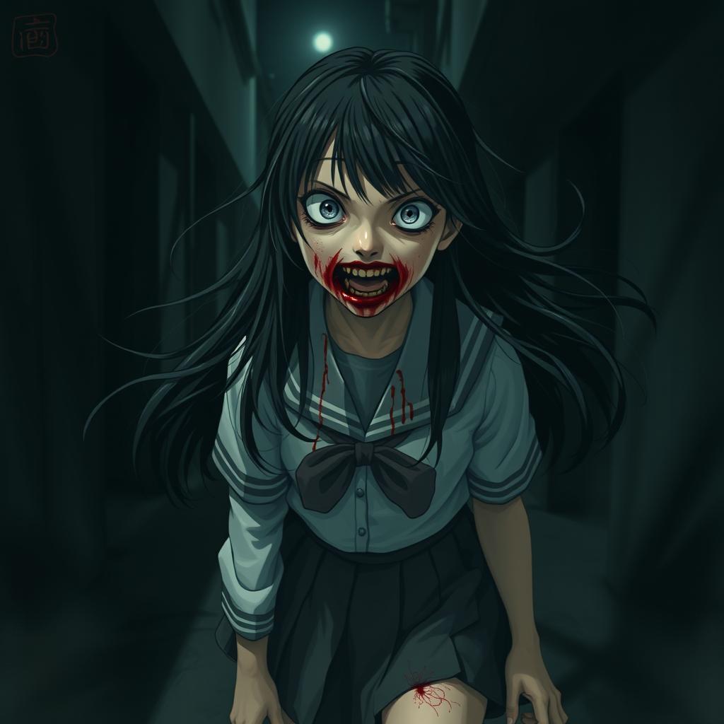 A terrifying young Japanese schoolgirl with a haunting appearance, featuring blood smeared around her mouth, suggesting a chilling narrative