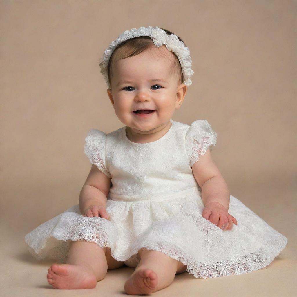 A charming baby dressed in a cream-white dress, positioned comfortably while sitting, and facing the right, showcasing a heartwarming, innocent smile.