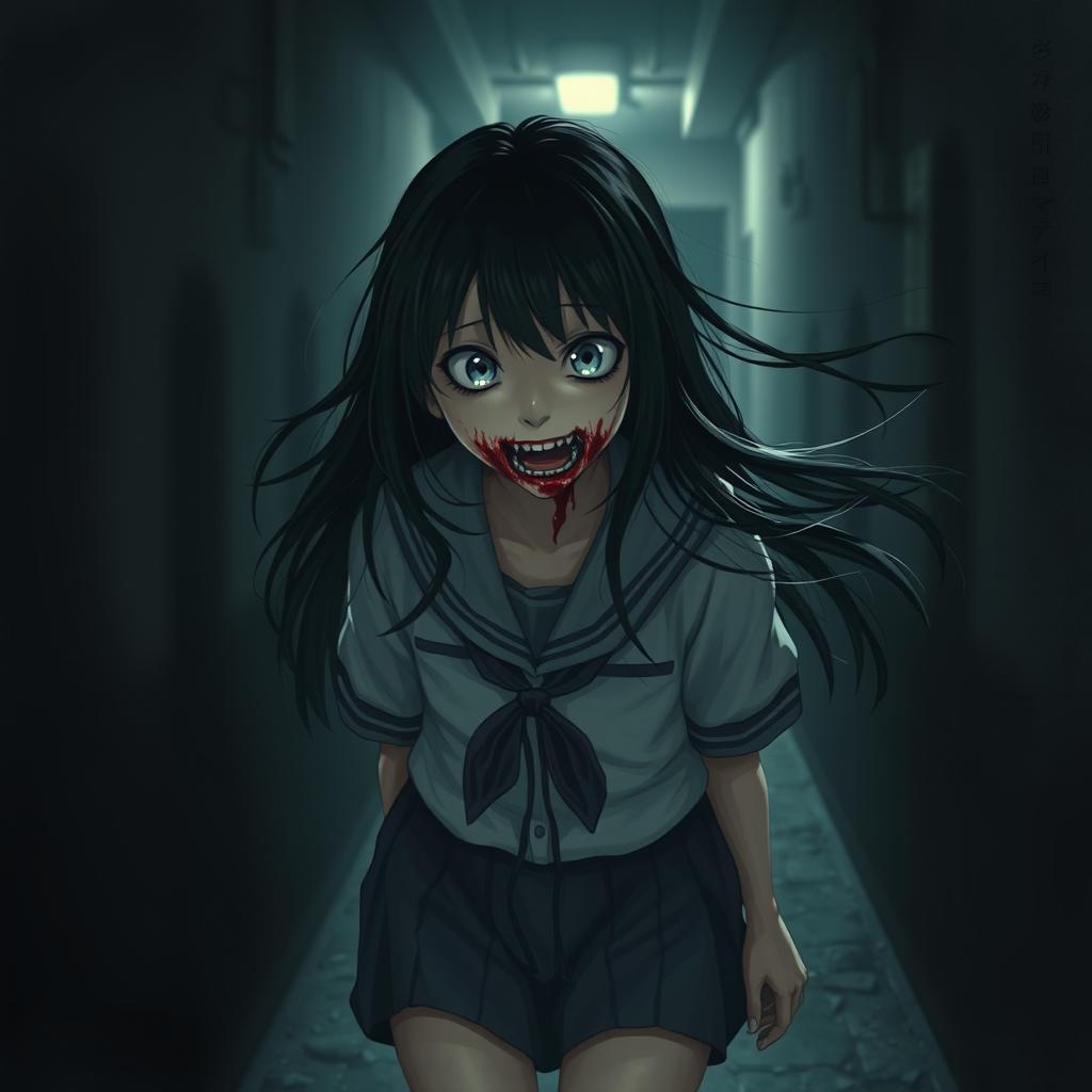 A terrifying young Japanese schoolgirl with a haunting appearance, featuring blood smeared around her mouth, suggesting a chilling narrative