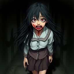 A terrifying young Japanese schoolgirl with a haunting appearance, featuring blood smeared around her mouth, suggesting a chilling narrative