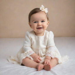 A charming baby dressed in a cream-white dress, positioned comfortably while sitting, and facing the right, showcasing a heartwarming, innocent smile.