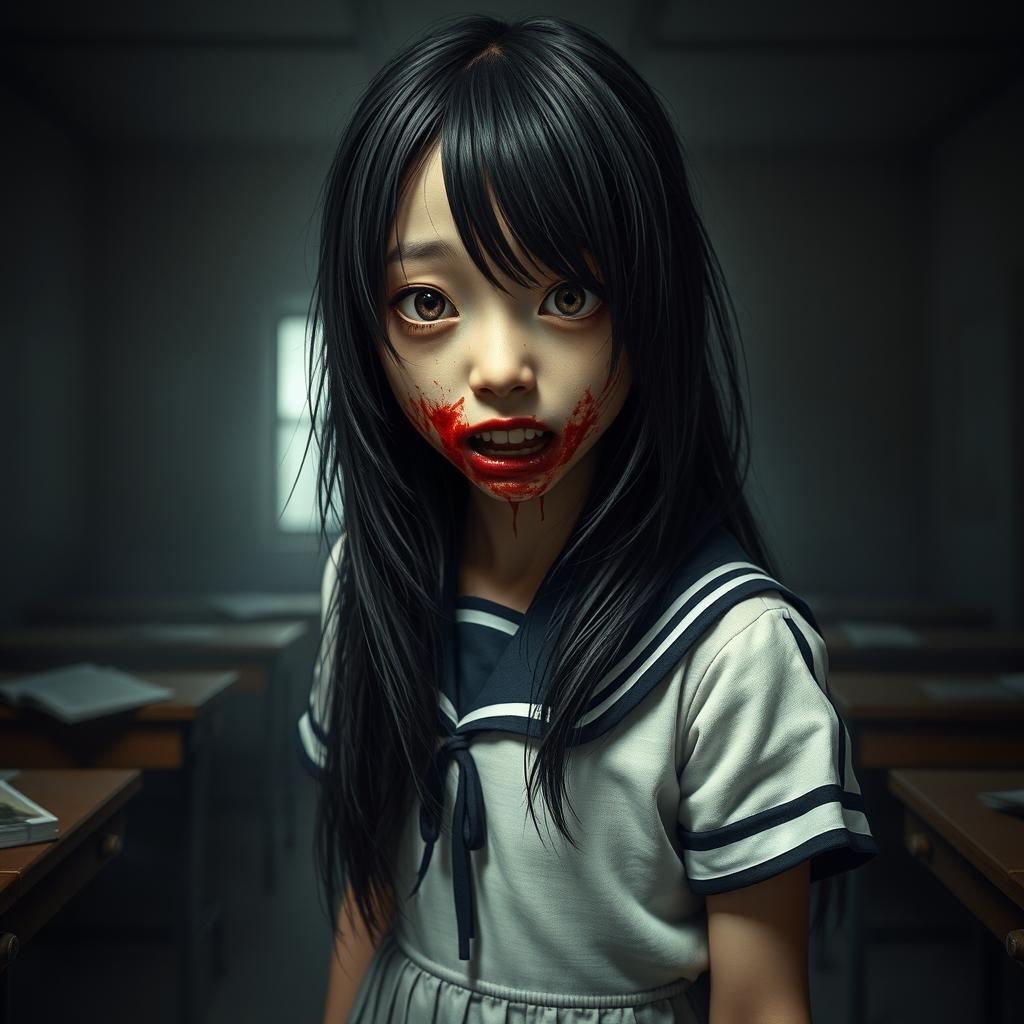 A hyper-realistic portrayal of a terrifying young Japanese schoolgirl, featuring blood smeared around her mouth, evoking a chilling and unsettling aura