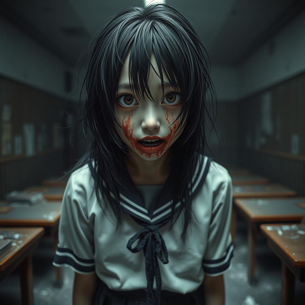 A hyper-realistic portrayal of a terrifying young Japanese schoolgirl, featuring blood smeared around her mouth, evoking a chilling and unsettling aura