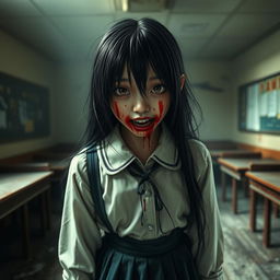 A hyper-realistic portrayal of a terrifying young Japanese schoolgirl, featuring blood smeared around her mouth, evoking a chilling and unsettling aura