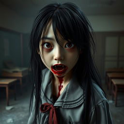 A hyper-realistic portrayal of a terrifying young Japanese schoolgirl, featuring blood smeared around her mouth, evoking a chilling and unsettling aura