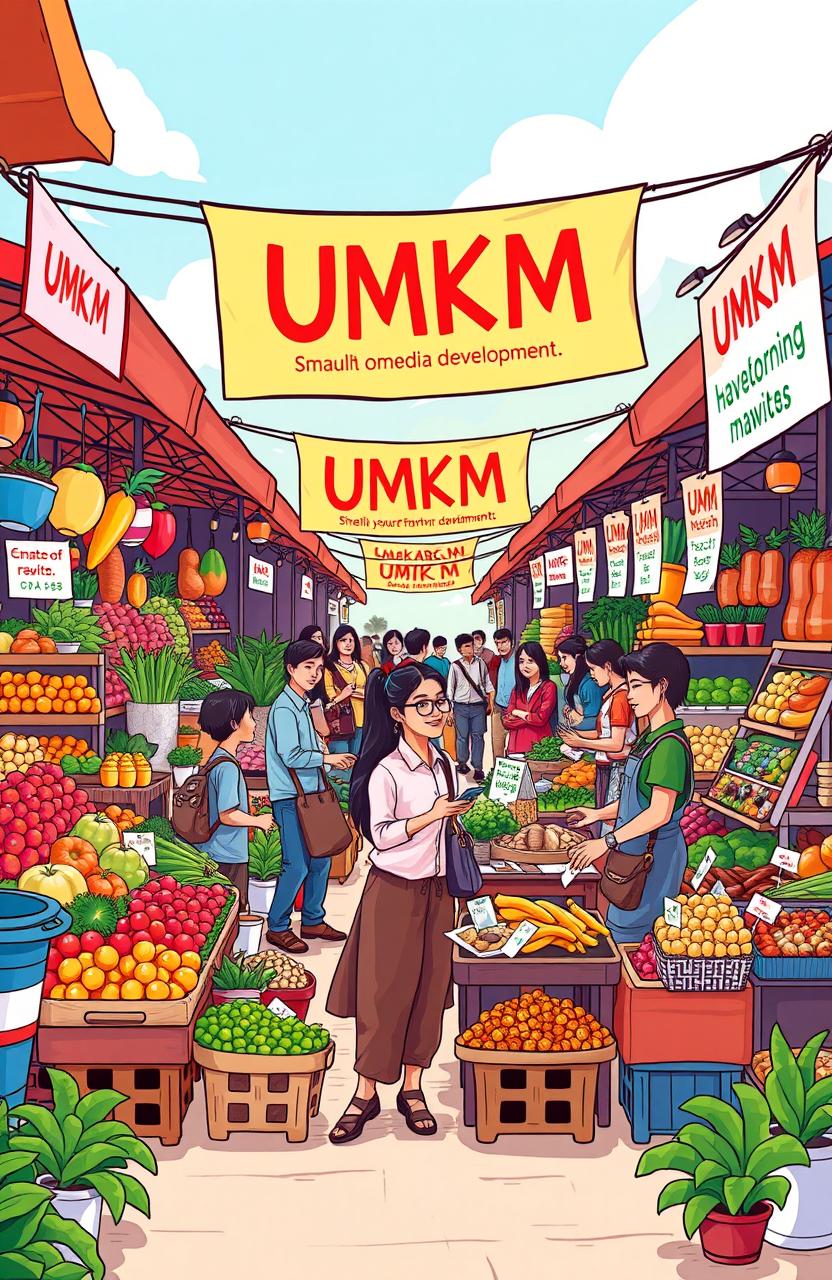 A vibrant illustration depicting a bustling market scene showcasing various UMKM (small and medium enterprises) merchandise