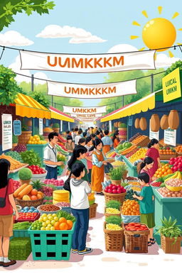 A vibrant illustration depicting a bustling market scene showcasing various UMKM (small and medium enterprises) merchandise