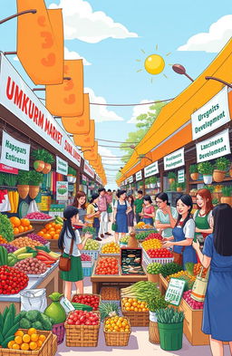 A vibrant illustration depicting a bustling market scene showcasing various UMKM (small and medium enterprises) merchandise