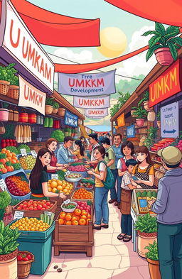 A vibrant illustration depicting a bustling market scene showcasing various UMKM (small and medium enterprises) merchandise