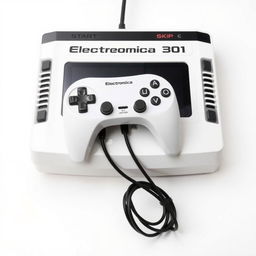 A retrofuturistic gaming console, featuring a white housing with a bold black stripe