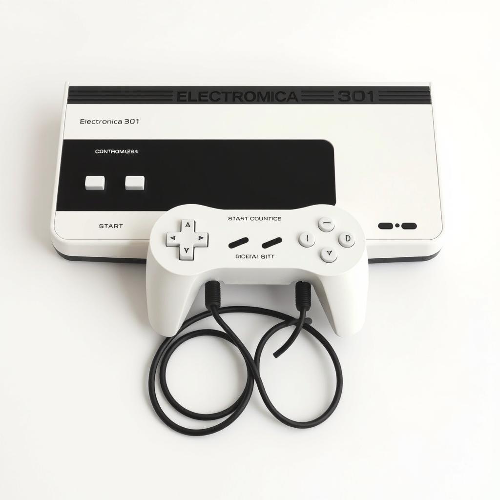 A retrofuturistic gaming console, featuring a white housing with a bold black stripe