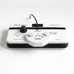 A retrofuturistic gaming console, featuring a white housing with a bold black stripe