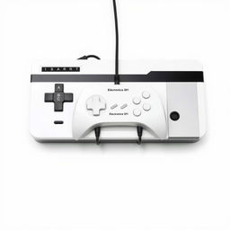 A retrofuturistic gaming console, featuring a white housing with a bold black stripe