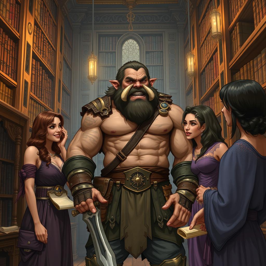 A rugged half-orc fighter inspired by Dungeons & Dragons, characterized by a muscular build and prominent tusks, standing in a grand library filled with towering bookshelves