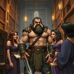 A rugged half-orc fighter inspired by Dungeons & Dragons, characterized by a muscular build and prominent tusks, standing in a grand library filled with towering bookshelves