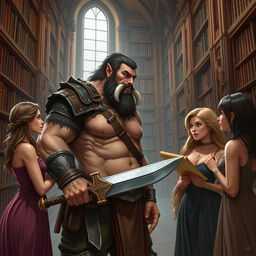 A rugged half-orc fighter inspired by Dungeons & Dragons, characterized by a muscular build and prominent tusks, standing in a grand library filled with towering bookshelves