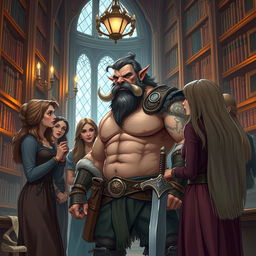 A rugged half-orc fighter inspired by Dungeons & Dragons, characterized by a muscular build and prominent tusks, standing in a grand library filled with towering bookshelves