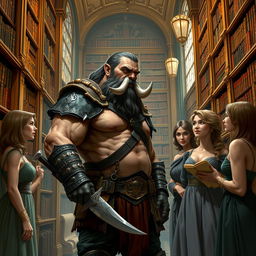 A rugged half-orc fighter inspired by Dungeons & Dragons, characterized by a muscular build and prominent tusks, standing in a grand library filled with towering bookshelves