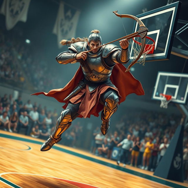 A human paladin in full armor, creatively adapted for athletic movement, showcasing a fun and unconventional scene of playing basketball