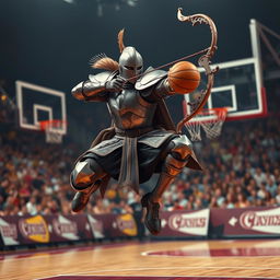 A human paladin in full armor, creatively adapted for athletic movement, showcasing a fun and unconventional scene of playing basketball