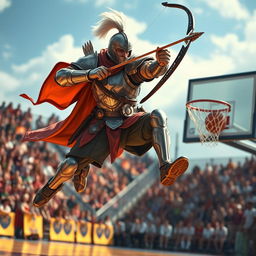 A human paladin in full armor, creatively adapted for athletic movement, showcasing a fun and unconventional scene of playing basketball