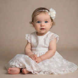 A precious baby in a cream-white dress adorned with delicate laces of flowers at the bottom, peacefully sitting and facing the right, manifesting pure innocence and joy.