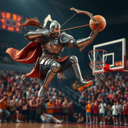 A human paladin in full armor, creatively adapted for athletic movement, showcasing a fun and unconventional scene of playing basketball