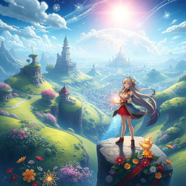 A fantasy landscape inspired by Genshin Impact, showcasing lush green hills, vibrant flowers, and a magnificent view of the city of Mondstadt in the background