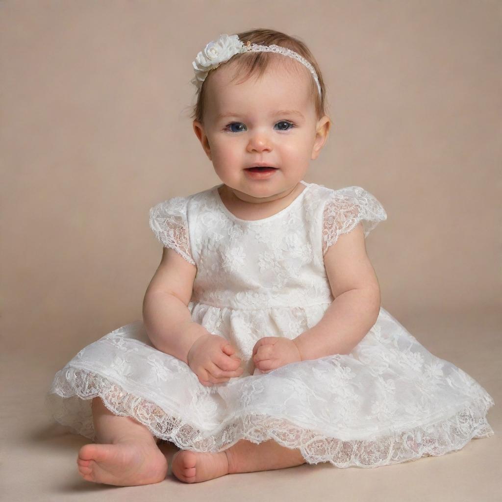 A precious baby in a cream-white dress adorned with delicate laces of flowers at the bottom, peacefully sitting and facing the right, manifesting pure innocence and joy.