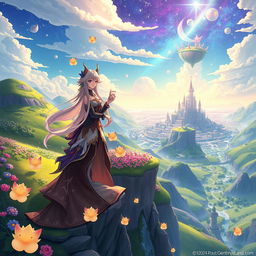 A fantasy landscape inspired by Genshin Impact, showcasing lush green hills, vibrant flowers, and a magnificent view of the city of Mondstadt in the background