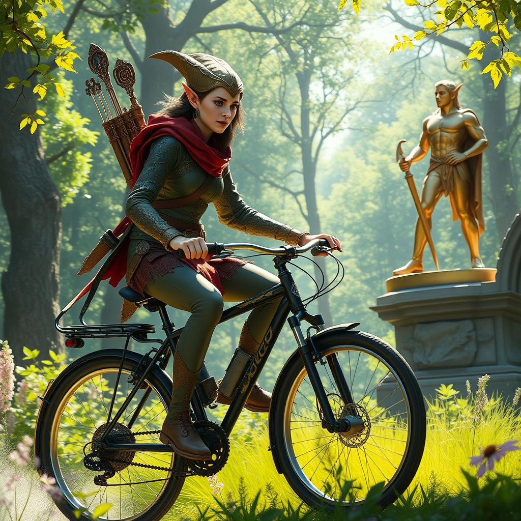 An agile elf rogue, characterized by sharp features and stealthy attire, expertly riding a sleek bicycle