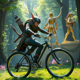 An agile elf rogue, characterized by sharp features and stealthy attire, expertly riding a sleek bicycle