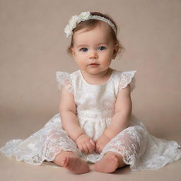 A precious baby in a cream-white dress adorned with delicate laces of flowers at the bottom, peacefully sitting and facing the right, manifesting pure innocence and joy.