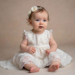 A precious baby in a cream-white dress adorned with delicate laces of flowers at the bottom, peacefully sitting and facing the right, manifesting pure innocence and joy.