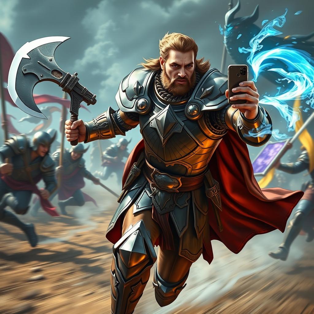 A human paladin in gleaming armor, embodying strength and agility, running at high speed through a dynamic battlefield scene