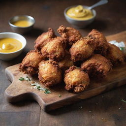 Mouth-watering bite-sized pieces of crispy fried chicken, served on a rustic wooden platter with a tangy mustard sauce on the side.