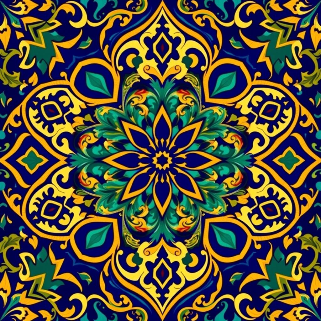 A beautiful neo-Moresque motif featuring intricate geometric patterns and arabesques, rich in vibrant colors like deep cobalt blue, emerald green, and gold