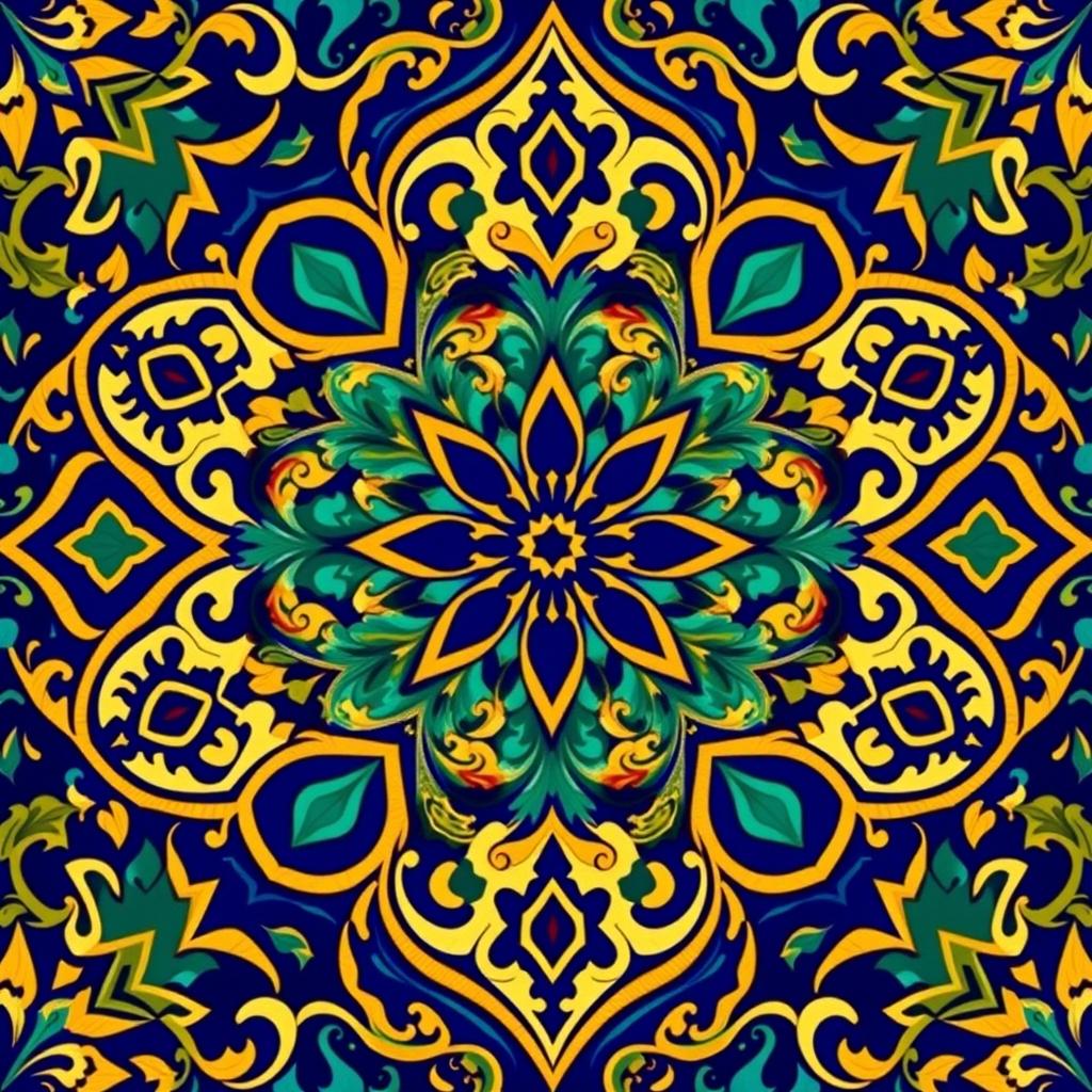 A beautiful neo-Moresque motif featuring intricate geometric patterns and arabesques, rich in vibrant colors like deep cobalt blue, emerald green, and gold